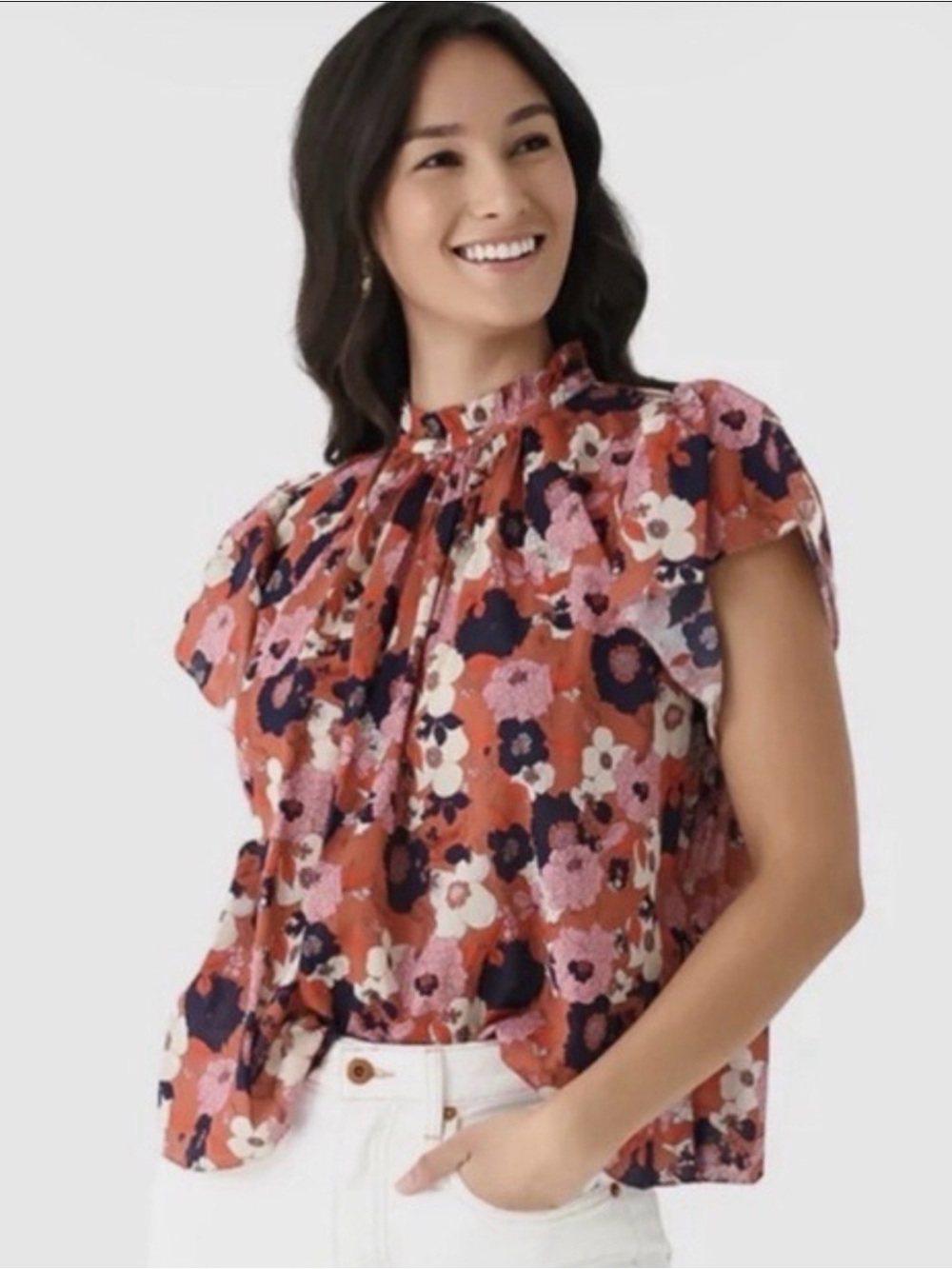 Trovata Floral Ruffle High-Neck Blouse - Rust Pink Navy Cream - Picture 2 of 3